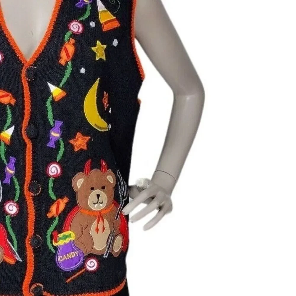 Vintage Halloween Devil Witch Star Moon Candy Corn Knit Holiday Grandma Vest NEW
